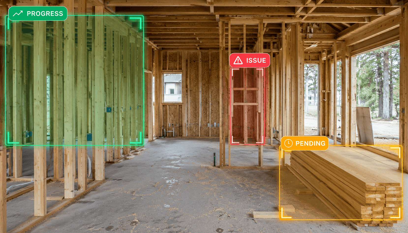 Jobsite framing photo with AI-detected progress, issue, and pending zones