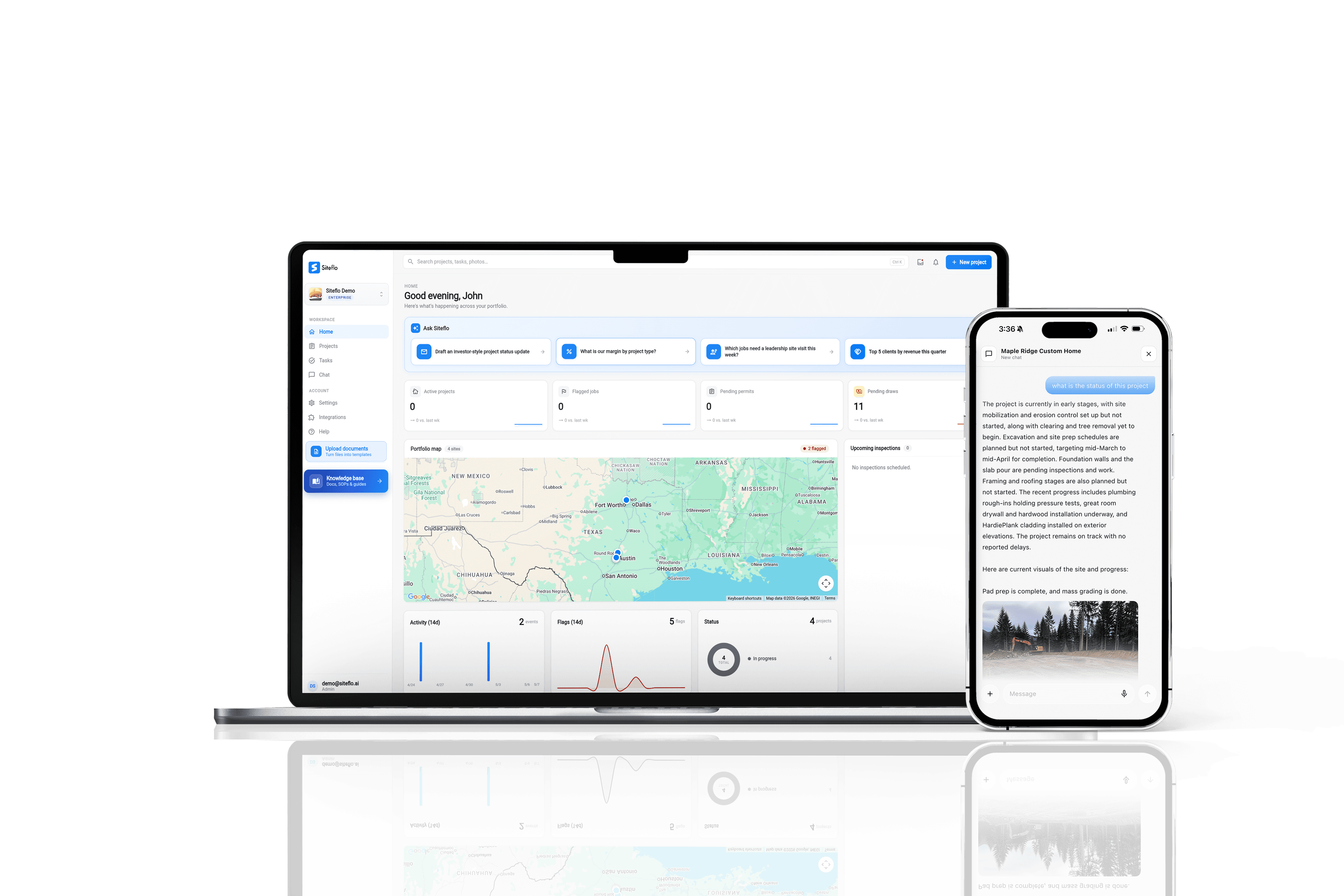Siteflo dashboard with project map and field chat on mobile